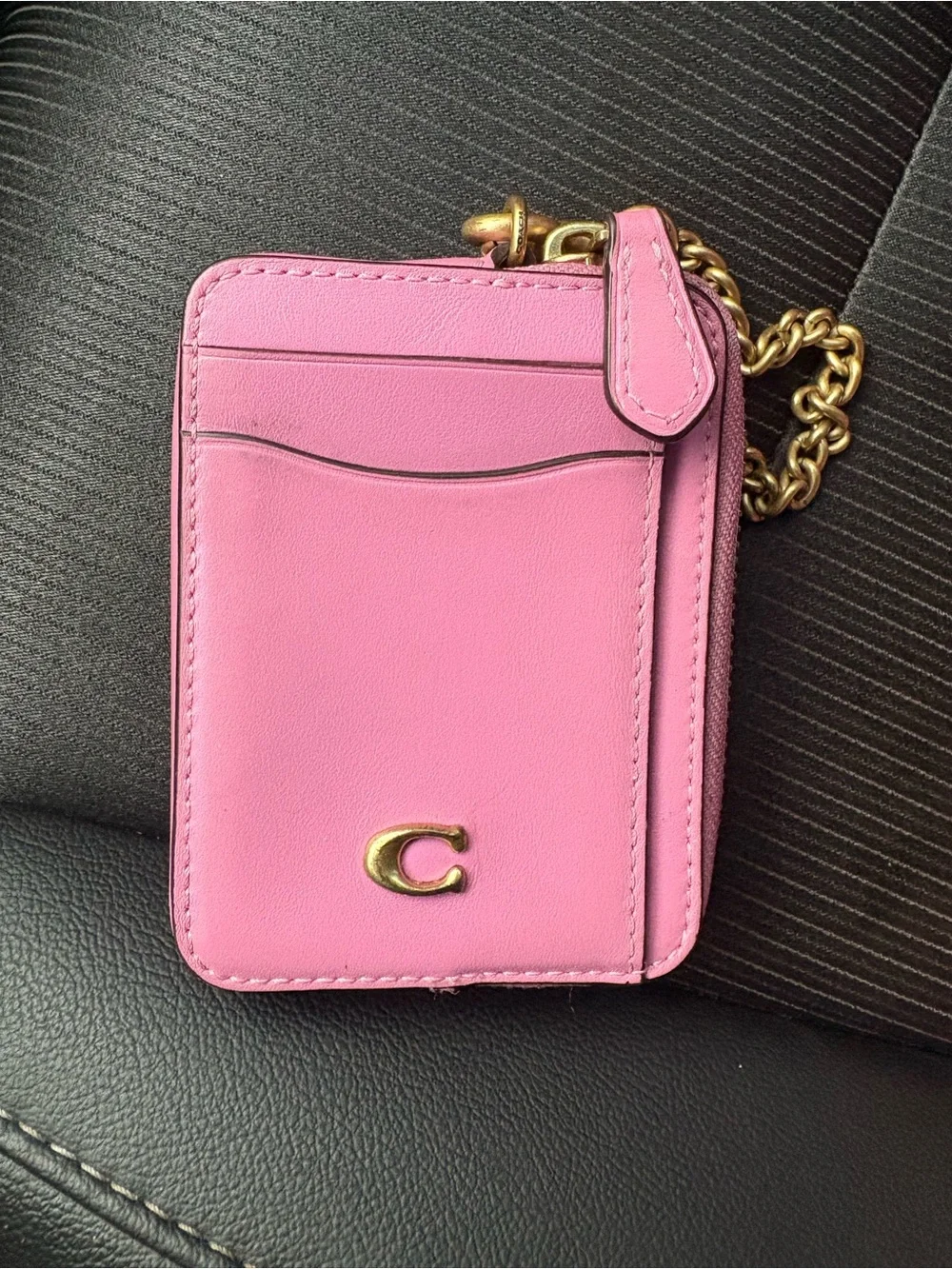 Coach Pink Leather Card Holder with Gold Chain Accent